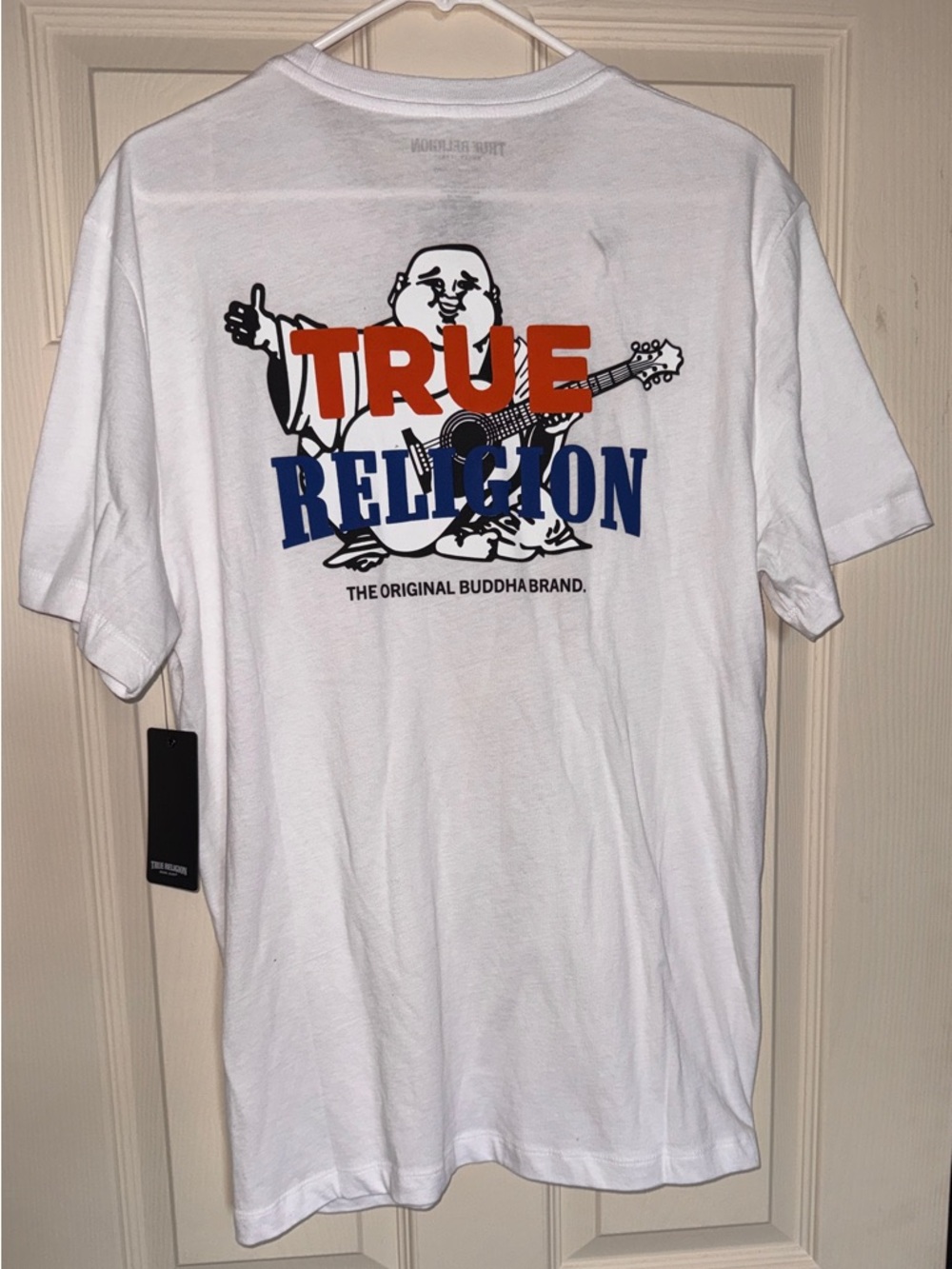 True Religion White Tee with Red and Blue Graphic Buddha Logo